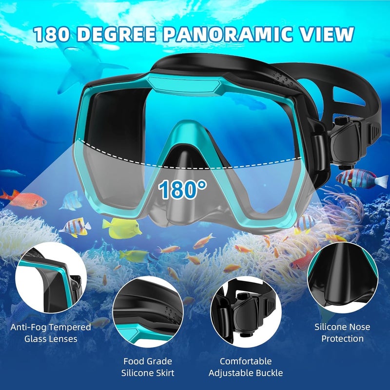 Honlanor Snorkel Set Adults Snorkeling Gear Anti-Leak and Anti-Fog Tempered Glass Lens Panoramic View Swim Mask Dry Top Snorkel Kit for Snorkeling Scuba Diving Swimming Travel with Carry Bag - Image 4